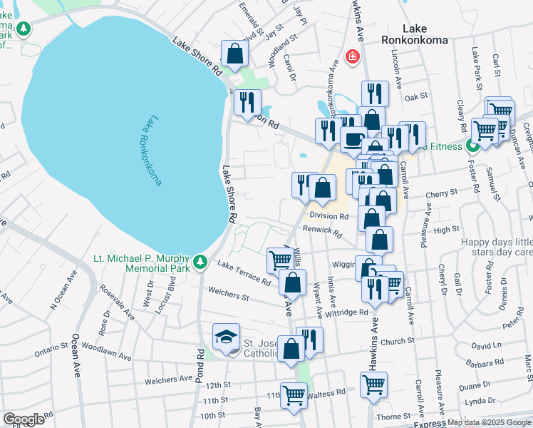 map of restaurants, bars, coffee shops, grocery stores, and more near 147 Lake Shore Road in Lake Ronkonkoma