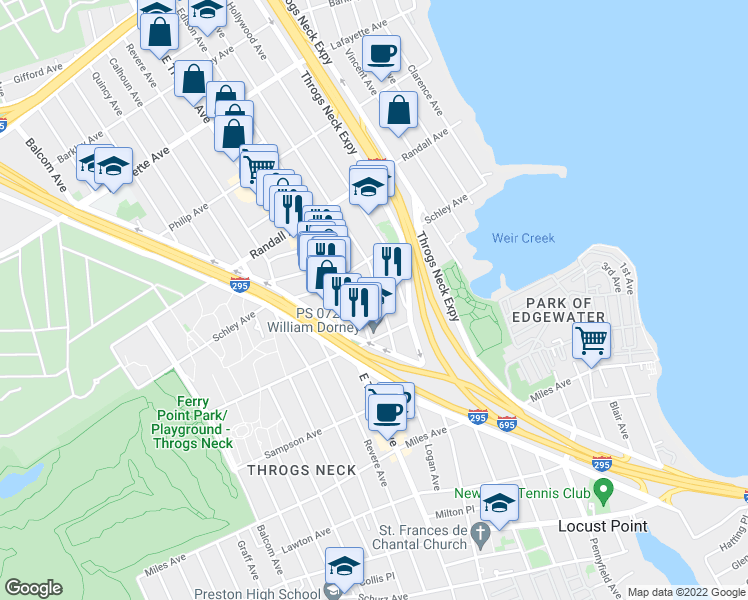 map of restaurants, bars, coffee shops, grocery stores, and more near 538 Logan Avenue in Bronx