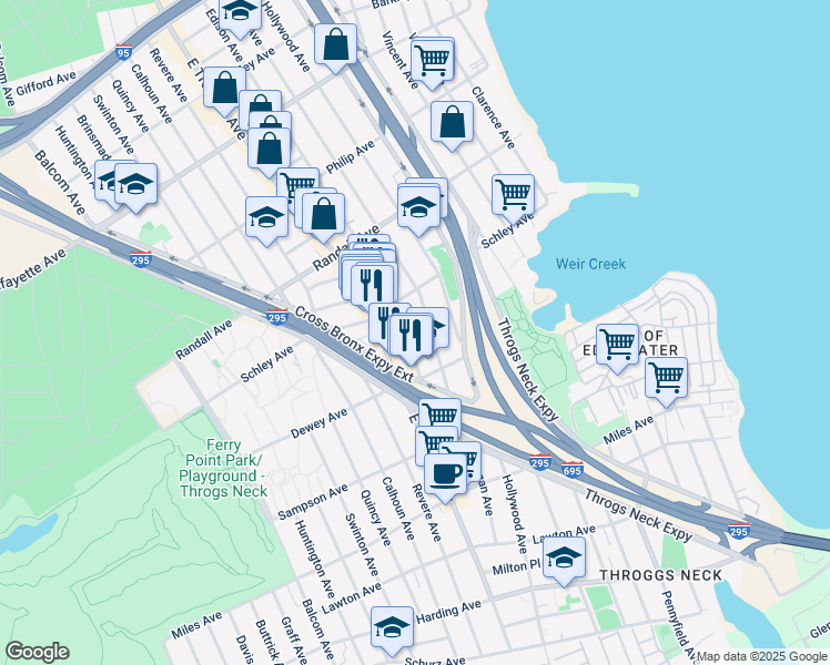 map of restaurants, bars, coffee shops, grocery stores, and more near 538 Logan Avenue in Bronx