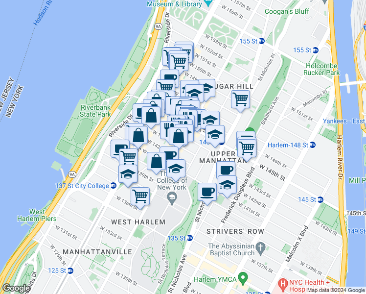 map of restaurants, bars, coffee shops, grocery stores, and more near 130 Hamilton Place in New York