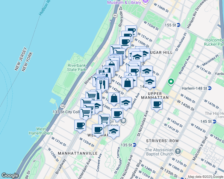 map of restaurants, bars, coffee shops, grocery stores, and more near in New York