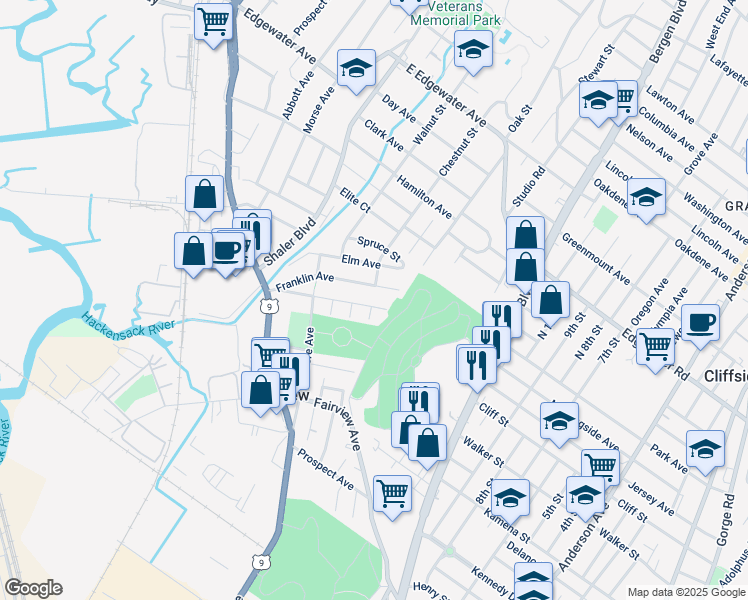 map of restaurants, bars, coffee shops, grocery stores, and more near 105 Franklin Avenue in Fairview
