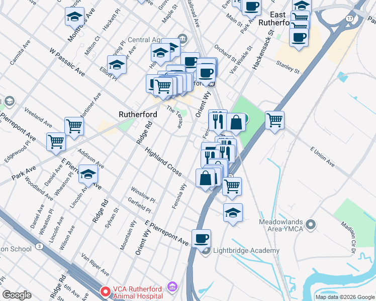 map of restaurants, bars, coffee shops, grocery stores, and more near 117 Orient Way in Rutherford