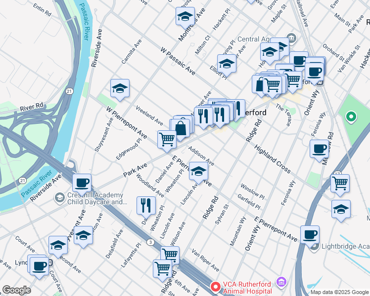 map of restaurants, bars, coffee shops, grocery stores, and more near 1 Addison Avenue in Rutherford