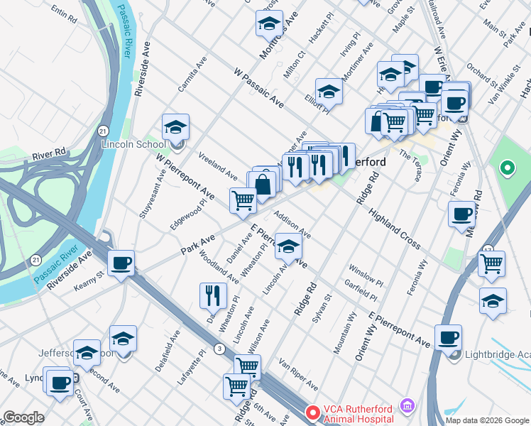 map of restaurants, bars, coffee shops, grocery stores, and more near 1 Addison Avenue in Rutherford