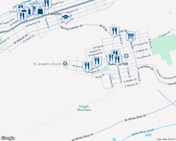 map of restaurants, bars, coffee shops, grocery stores, and more near 201-217 W Mill St in Summit Hill
