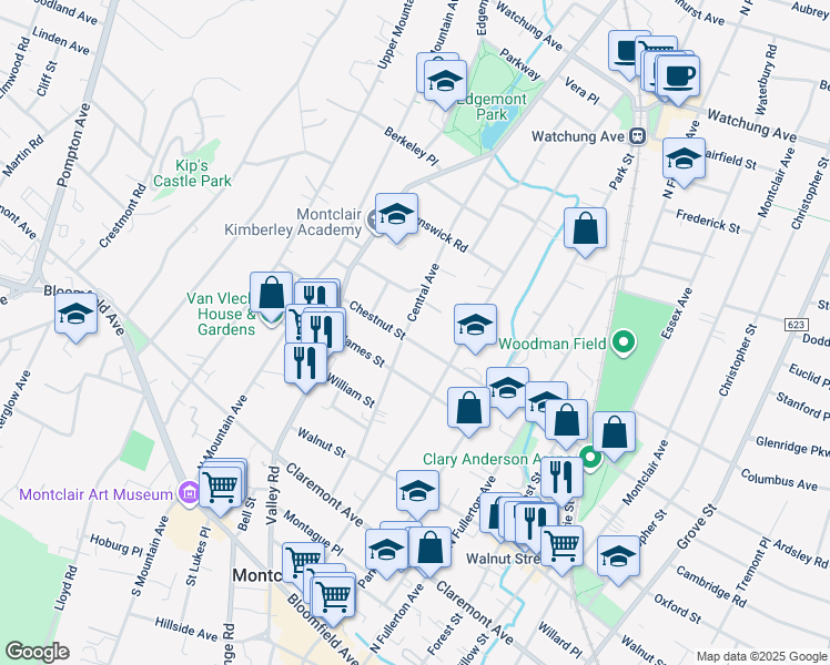 map of restaurants, bars, coffee shops, grocery stores, and more near 134 Chestnut Street in Montclair