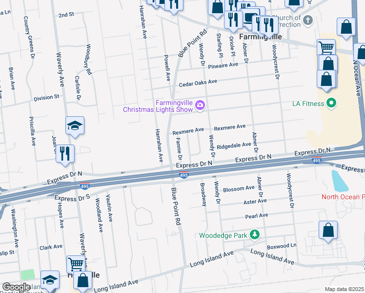 map of restaurants, bars, coffee shops, grocery stores, and more near 9 Fannie Drive in Farmingville