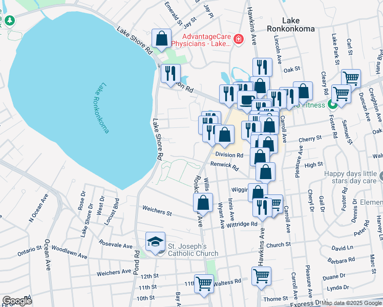 map of restaurants, bars, coffee shops, grocery stores, and more near 147 Lake Shore Road in Lake Ronkonkoma