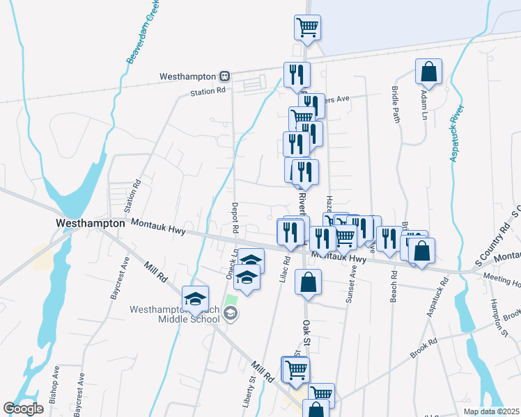 map of restaurants, bars, coffee shops, grocery stores, and more near 57 Brittany Lane in Westhampton Beach