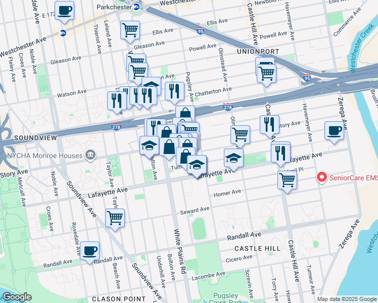 map of restaurants, bars, coffee shops, grocery stores, and more near 1994 Pugsley Avenue in Bronx