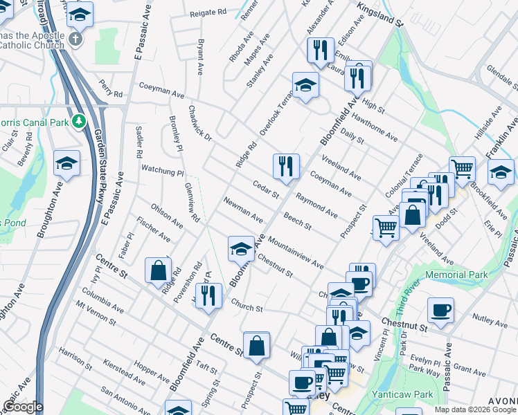 map of restaurants, bars, coffee shops, grocery stores, and more near 117 Beech Street in Nutley