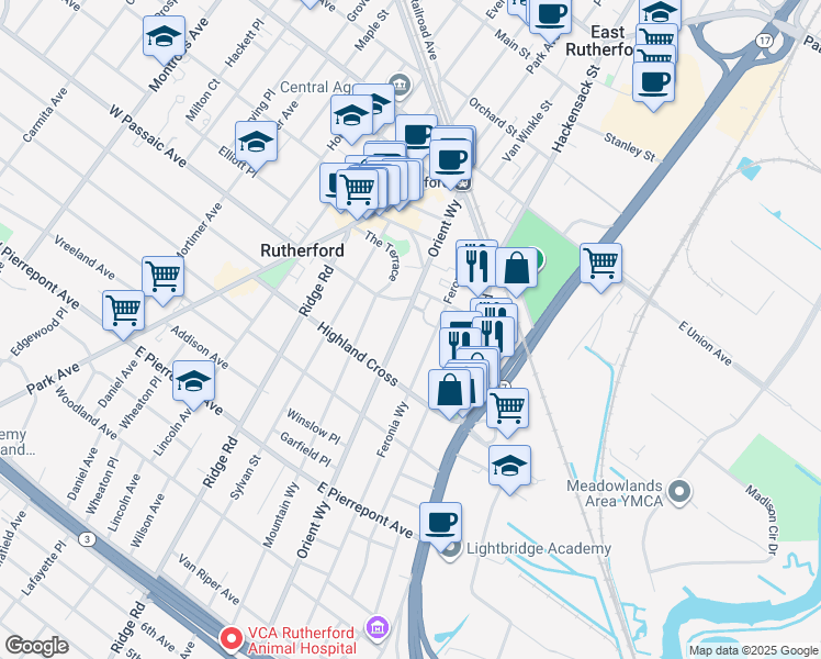 map of restaurants, bars, coffee shops, grocery stores, and more near 117 Orient Way in Rutherford