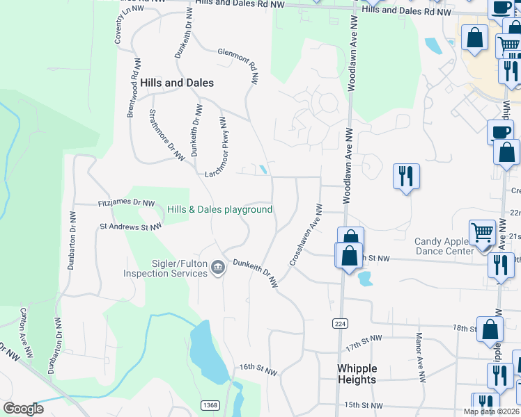 map of restaurants, bars, coffee shops, grocery stores, and more near 2240 Devonshire Road Northwest in Canton
