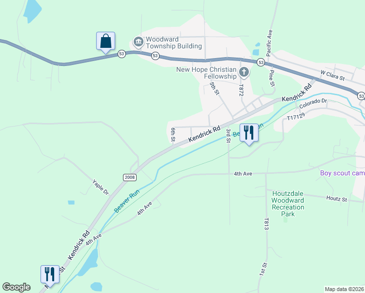 map of restaurants, bars, coffee shops, grocery stores, and more near 786 Kendrick Road in Houtzdale