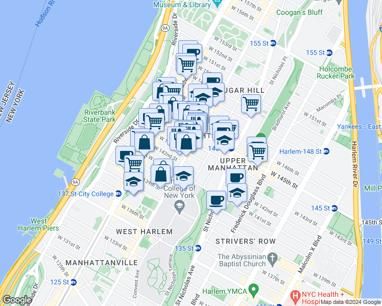 map of restaurants, bars, coffee shops, grocery stores, and more near 477 West 143rd Street in New York