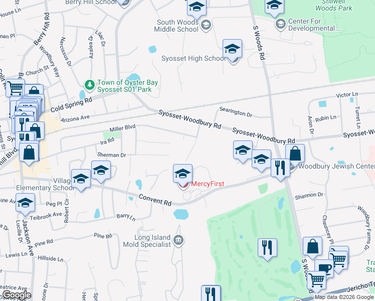 map of restaurants, bars, coffee shops, grocery stores, and more near 22 Jerome Road in Syosset