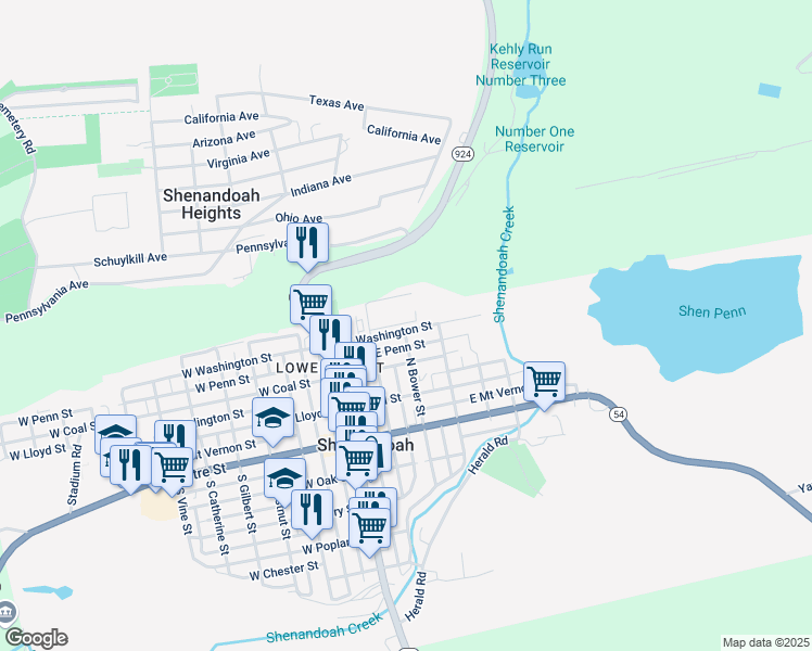 map of restaurants, bars, coffee shops, grocery stores, and more near 204 East Washington Street in Shenandoah
