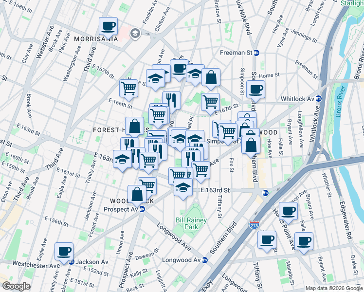 map of restaurants, bars, coffee shops, grocery stores, and more near in The Bronx