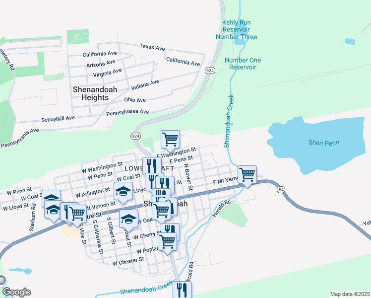 map of restaurants, bars, coffee shops, grocery stores, and more near 214 East Washington Street in Shenandoah