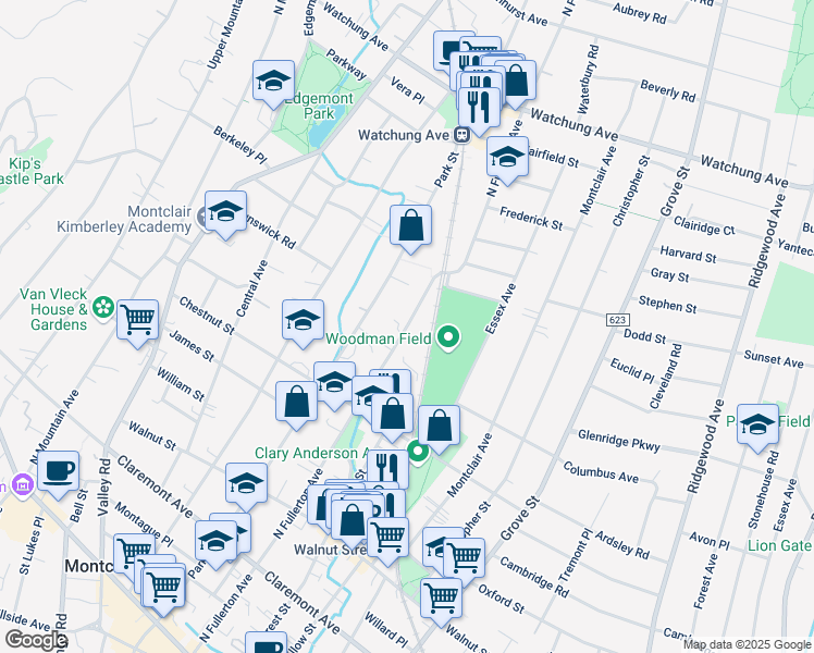 map of restaurants, bars, coffee shops, grocery stores, and more near North Fullerton Avenue in Montclair