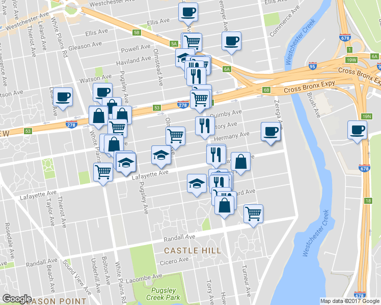 map of restaurants, bars, coffee shops, grocery stores, and more near 2135 Turnbull Avenue in Bronx