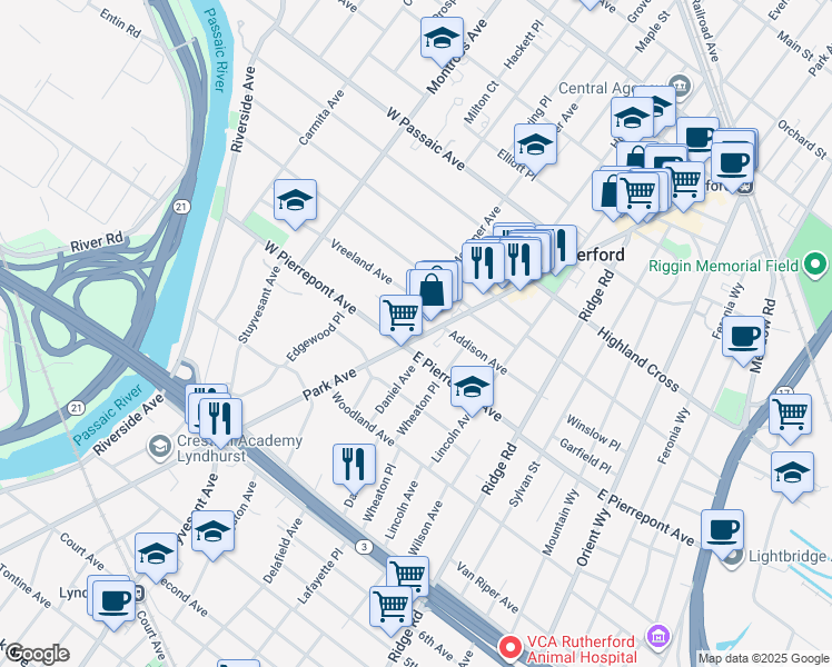 map of restaurants, bars, coffee shops, grocery stores, and more near 298 Park Avenue in Rutherford