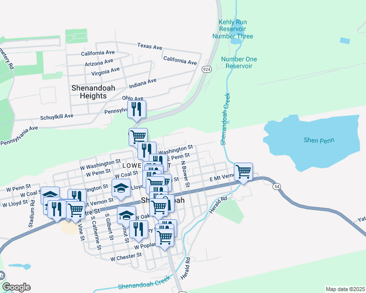 map of restaurants, bars, coffee shops, grocery stores, and more near 218 East Washington Street in Shenandoah