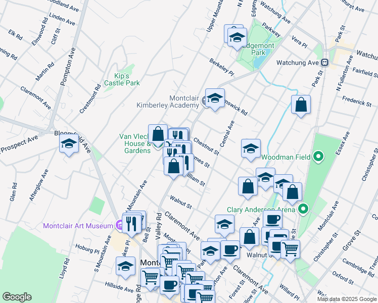 map of restaurants, bars, coffee shops, grocery stores, and more near 163 Valley Road in Montclair