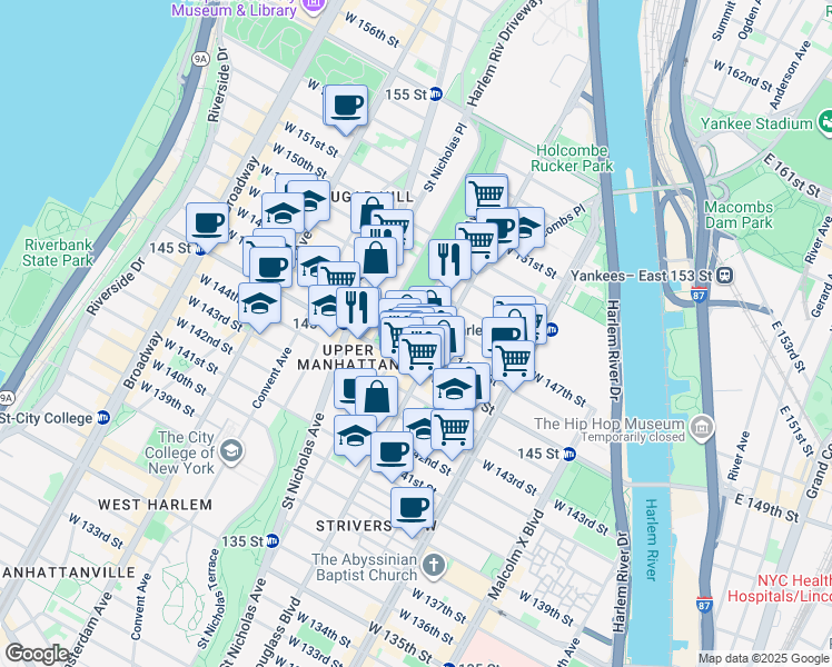 map of restaurants, bars, coffee shops, grocery stores, and more near 82 Bradhurst Avenue in New York