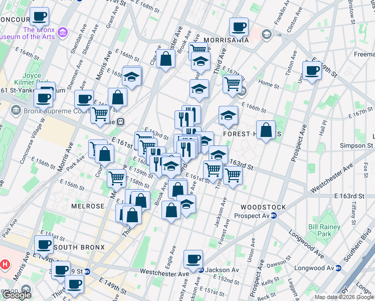 map of restaurants, bars, coffee shops, grocery stores, and more near in The Bronx
