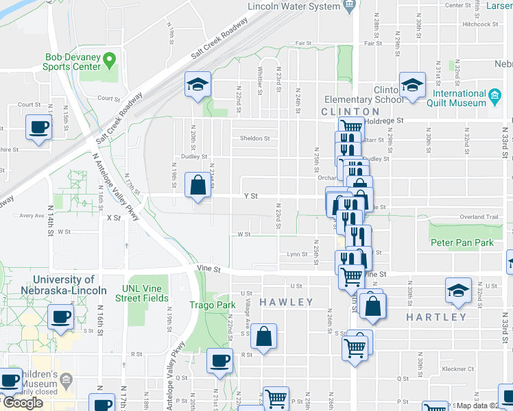 map of restaurants, bars, coffee shops, grocery stores, and more near 2259 Y Street in Lincoln