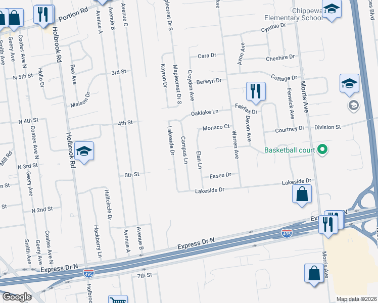 map of restaurants, bars, coffee shops, grocery stores, and more near 16 Campus Lane in Lake Ronkonkoma