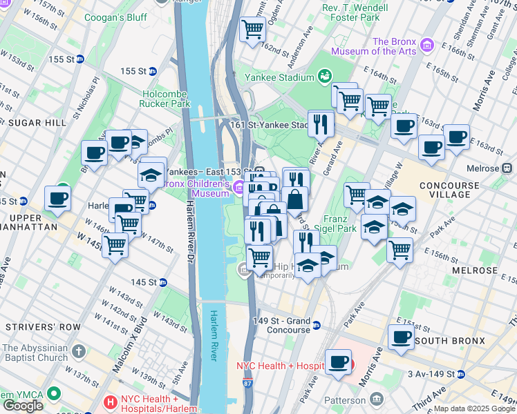 map of restaurants, bars, coffee shops, grocery stores, and more near 700 Exterior Street in The Bronx