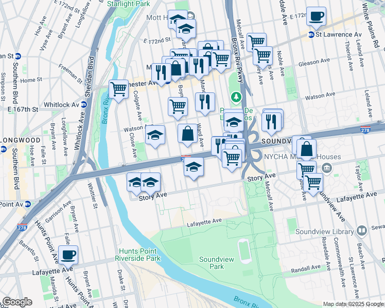 map of restaurants, bars, coffee shops, grocery stores, and more near Bruckner Boulevard in Bronx