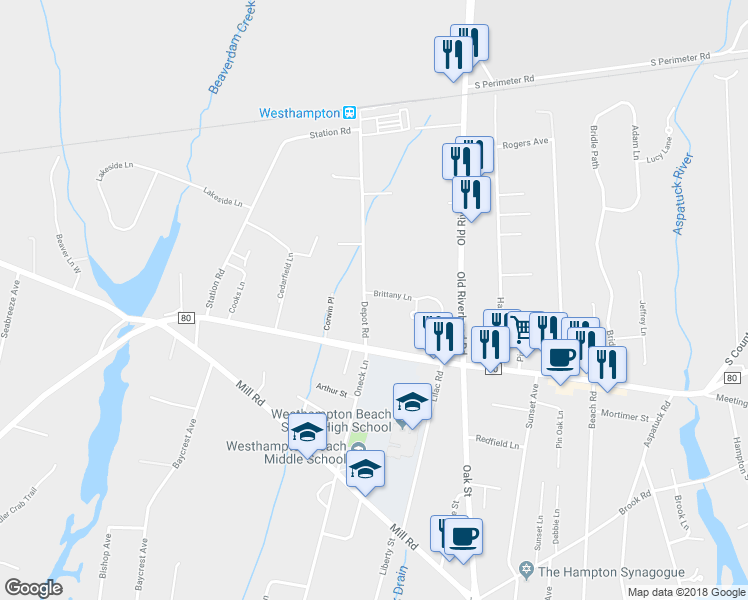 map of restaurants, bars, coffee shops, grocery stores, and more near 66 Brittany Lane in Westhampton Beach