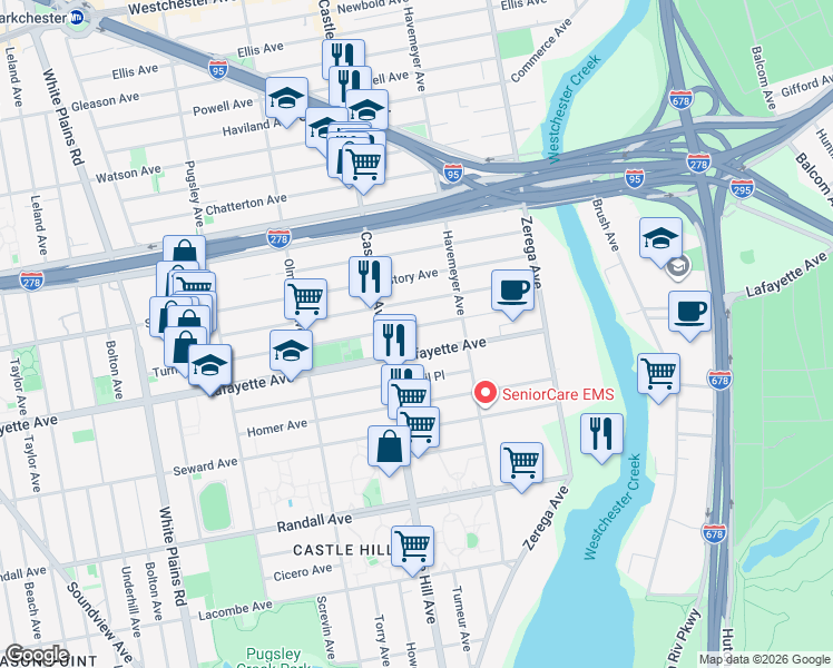 map of restaurants, bars, coffee shops, grocery stores, and more near 2226 Turnbull Avenue in Bronx