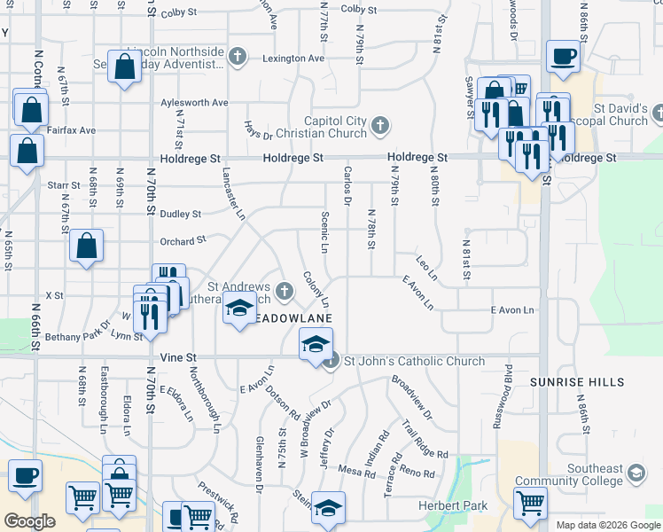 map of restaurants, bars, coffee shops, grocery stores, and more near 1010 Scenic Lane in Lincoln