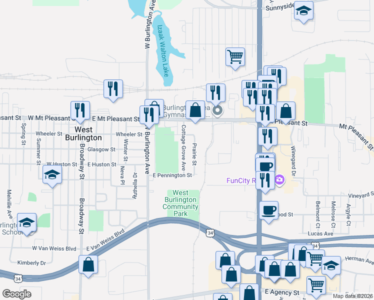 map of restaurants, bars, coffee shops, grocery stores, and more near 222 Cottage Grove Avenue in West Burlington