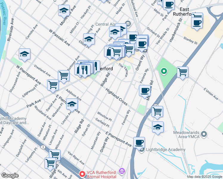 map of restaurants, bars, coffee shops, grocery stores, and more near 109 Sylvan Street in Rutherford