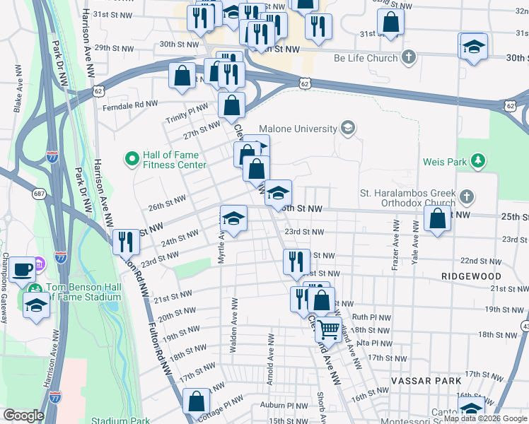 map of restaurants, bars, coffee shops, grocery stores, and more near 2413 Cleveland Avenue Northwest in Canton