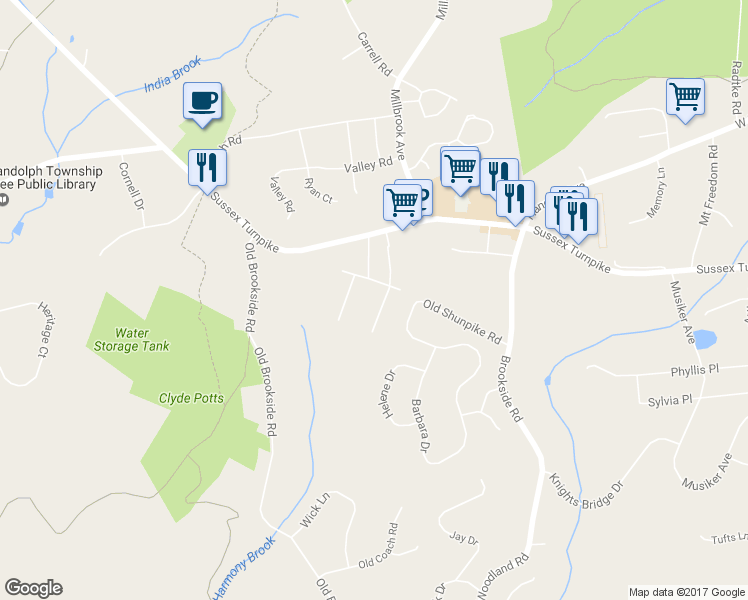 map of restaurants, bars, coffee shops, grocery stores, and more near 3 Nuko Terrace in Randolph