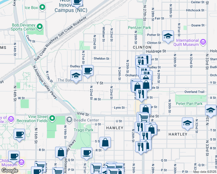 map of restaurants, bars, coffee shops, grocery stores, and more near 1025 North 23rd Street in Lincoln