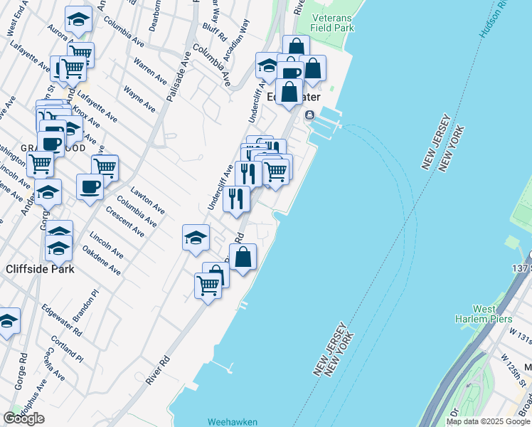 map of restaurants, bars, coffee shops, grocery stores, and more near 5 Grand Cove Way in Edgewater