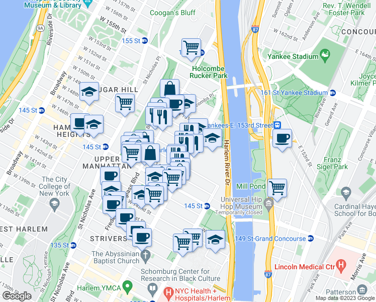 map of restaurants, bars, coffee shops, grocery stores, and more near 2566 Adam Clayton Powell Junior Boulevard in New York