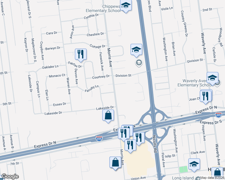 map of restaurants, bars, coffee shops, grocery stores, and more near 3 Coed Lane in Farmingville