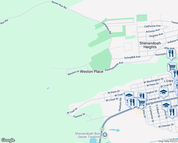 map of restaurants, bars, coffee shops, grocery stores, and more near 30 Weston Place in Shenandoah