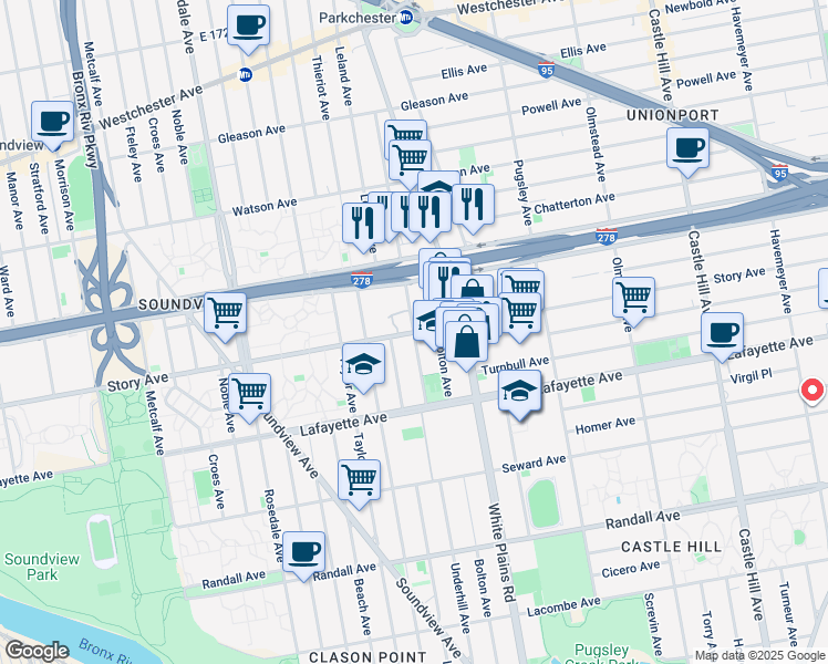map of restaurants, bars, coffee shops, grocery stores, and more near 903 Underhill Avenue in Bronx