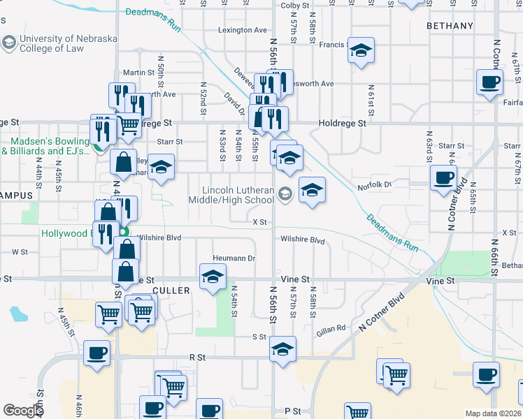 map of restaurants, bars, coffee shops, grocery stores, and more near 5501 Hillsdale Drive in Lincoln
