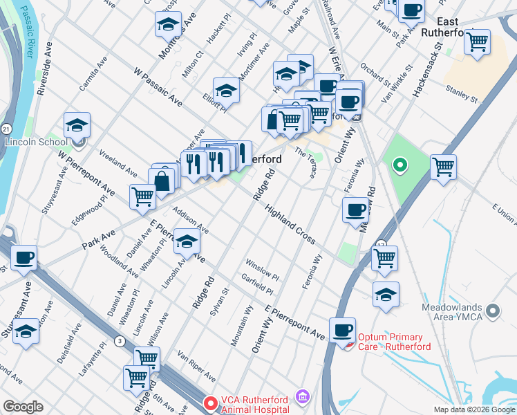 map of restaurants, bars, coffee shops, grocery stores, and more near 82 Ridge Road in Rutherford